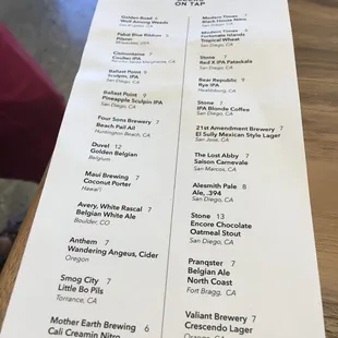 Beer menu