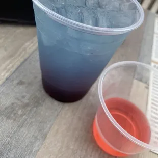 Blue sour patch and cherry cheesecake shot. Drinks