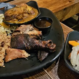 3 Meat Platter (lunch) - Jerk Chicken, Brown Stewed Chicken, Fish Fillet w/cabbage and rice &amp; beans