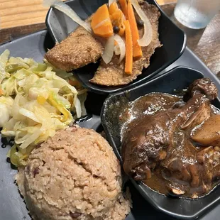 2 Meat Combo - fish filet, Brown Stew Chicken (amazing), Rice &amp; peas and cabbage