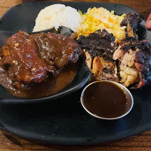 Entree - Two Meats (Brown Stewed Chicken and Jerk Chicken) with steamed rice and cabbage