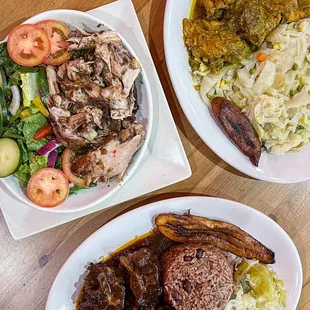 three plates of food on a table