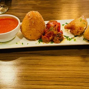 Sicilian trio - arancini, caponata, squash blossoms