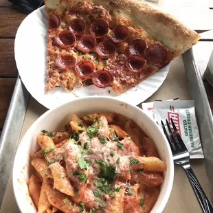 Pepperoni Pizza and Penne Pasta with Vodka Sauce