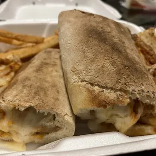 Eggplant Parmigiana Sub with battered fries! Tasty!