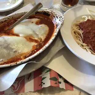 Chicken Parmesan with spaghetti.