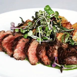 a plate of steak and potatoes