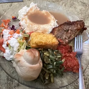 Meatloaf and mashed potato lunch special.