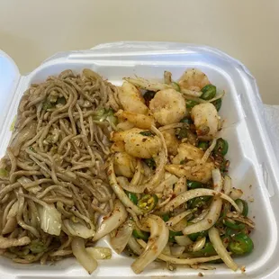 Salt Pepper Bang Bang Shrimp and soft noodles