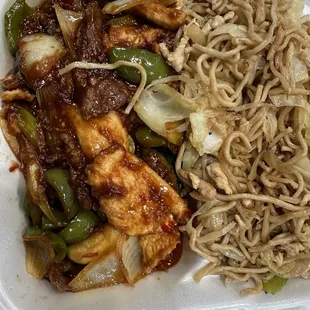 Mongolian beef and chicken with chicken chow mein