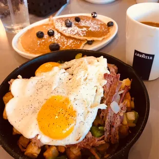 Corn Beef Hash Skillet w/ Blueberry Cakes.