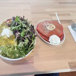 Cinco de mayo egg white omelette with chorizo sausage bacon and other tasty stuff!!  Side of red velvet pancakes ( it comes with a omelette)