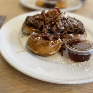 Waffles with bacon topped with honey maple syrup