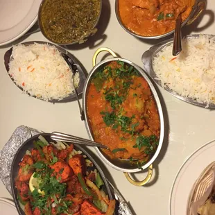 Lamb saag, chicken tikka masala, chicken tandoori, alu gobi