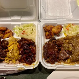 Triple meat combo on left; curried goat &amp; oxtail combo on right.
