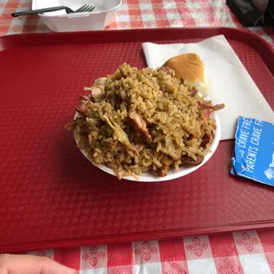 Jambalaya bowl for $6.99 lots of chicken and sausage. Weighs about 2lbs!!!!  Just missing green peppers and onions.