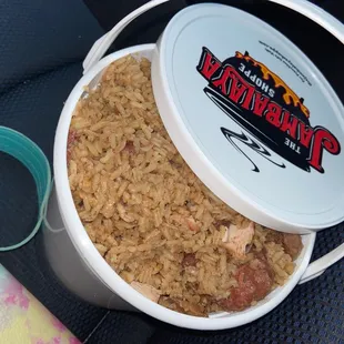 Small bucket of jambalaya to go