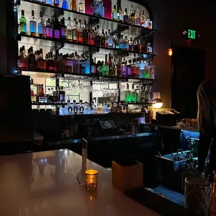 a bar with liquor bottles on the shelves