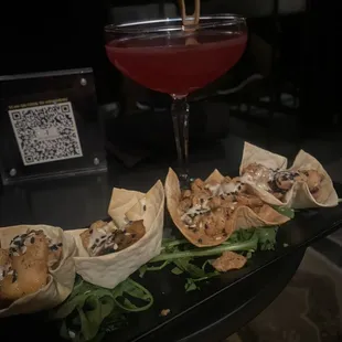 Salmon wontons and Breathless cocktail