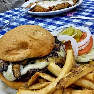 Large chicken fried steak and the mushroom Jay burger!! Not pictured: fried catfish. So good.