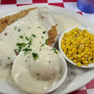 Large chicken fried steak, mashed potatoes, and corn. So delicious!