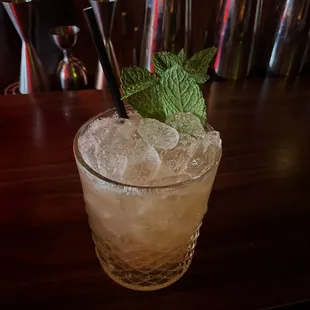 a cocktail with ice and mint