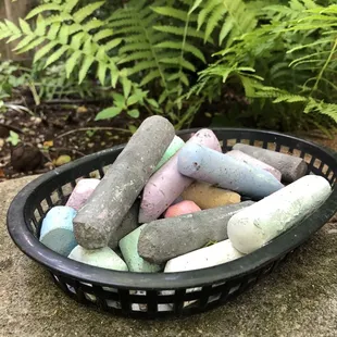 Basket of chalk next to our table on the back patio...to express yourself!