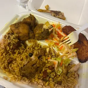 Curry Chicken, Rice, Slaw, and Plantains.