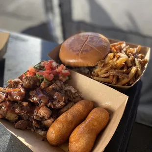 Jerk chicken meal and sandwich