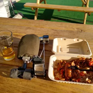 Jerk chicken meal and my flight video recording gear. H-24 .5% IPA