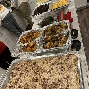 Rice and Peas, Cabbage and Jerk wings.