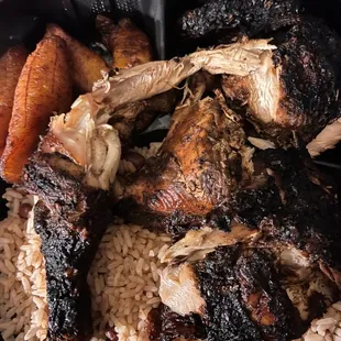 Dark Meat Jerk Chicken with Rice and Peas &amp; 4 Plantains