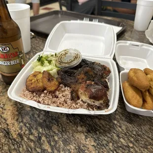 Jerk Chicken Dark Meat with Rice and Beans. Reggae Bread. Jamaican Ginger Beer