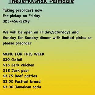 We are open 1pm for pickup only 
Friday-Sunday limited plates