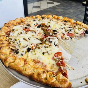 The Works Pizza with garlic knot crust.