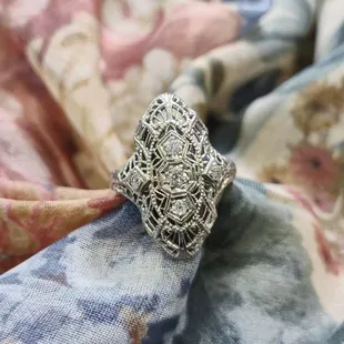 1920's 18K White Gold Filigree Diamond Ring for $989.
