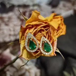 Vintage 18K Gold Emerald and Diamond Studs.