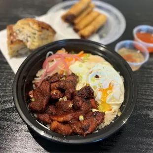 Tocilog: Sweet Marinated Pork w/ garlic rice, fried eggs ($12), Lumpia (5 pc-$5), Chicken Adobo Packer ($3?)