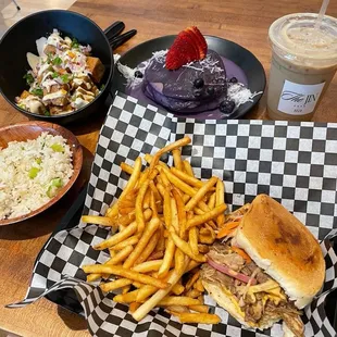 ube pancakes, tofu sisig, adobo chicken sandwich, pistachio iced coffee.