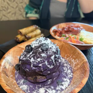 Ube pancakes, tosilog, and lumpia