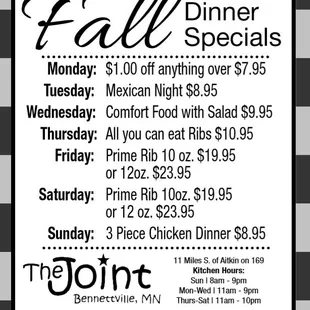 2018 Fall Dinner Specials
