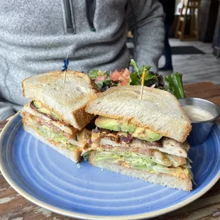 a sandwich on a blue plate