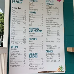 Ice cream menu