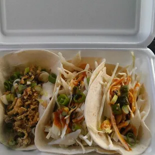 The Peking duck taco and 2 Korean BBQ tacos