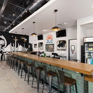 a bar with stools