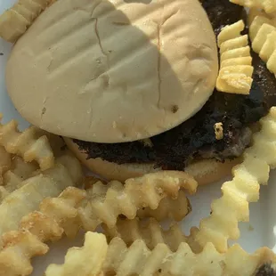 Hamburger Kid's Meal,for the pup, came with a small root beer for me