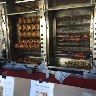 Rotisserie chicken and ribs and pork knuckles