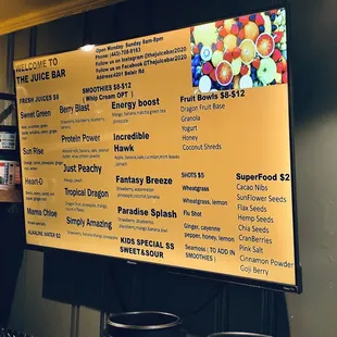 a menu for the juice bar