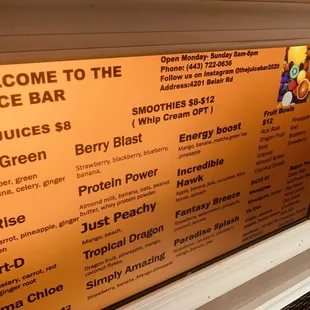the menu of the juice bar