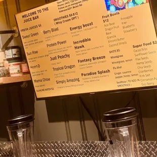 a menu for the juice bar